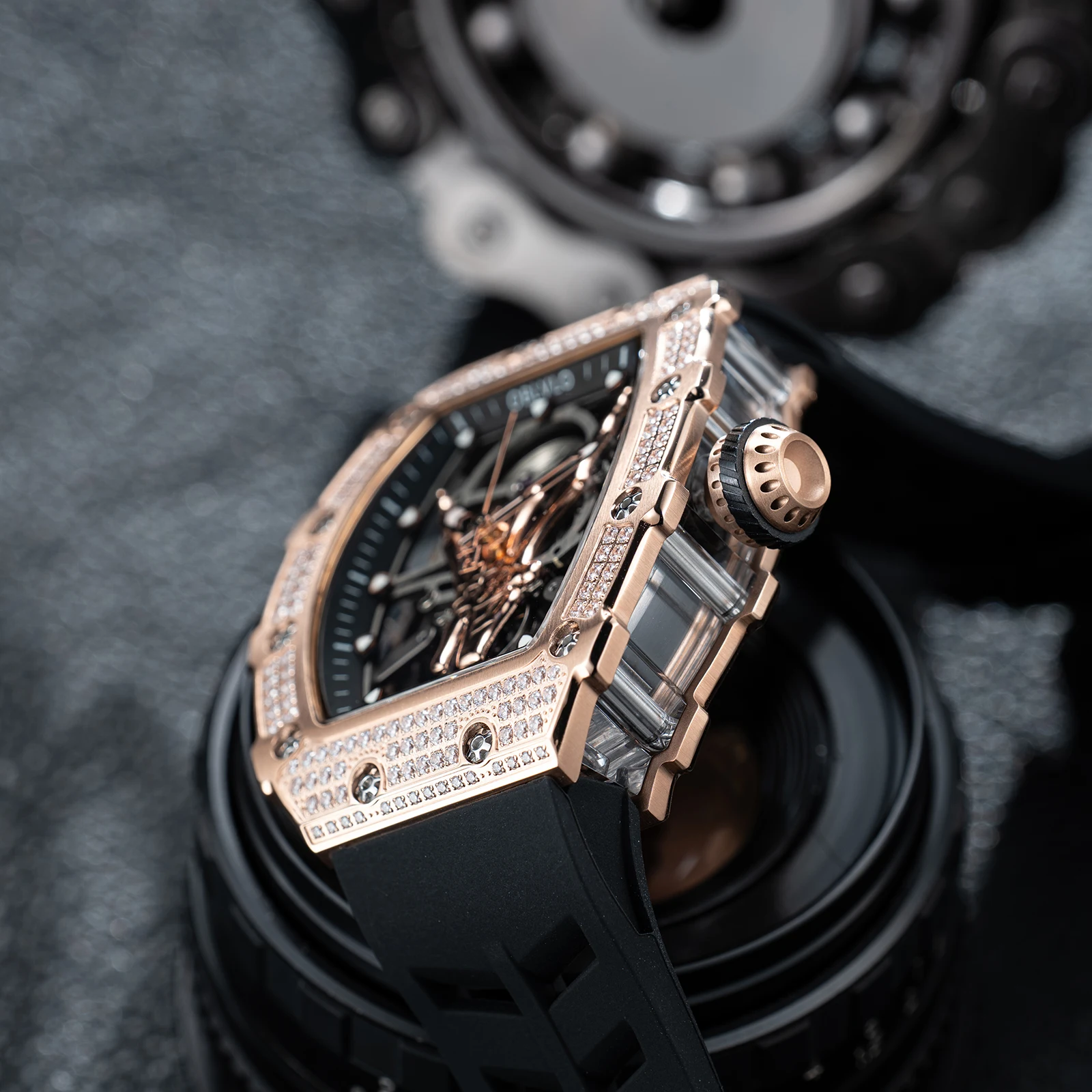 OBLVLO Luxury Diamonds Finger Design Mechanical Automatic Watches For Men Wine Barrel Skeleton Waterproof Rubber Watch XM-FIG