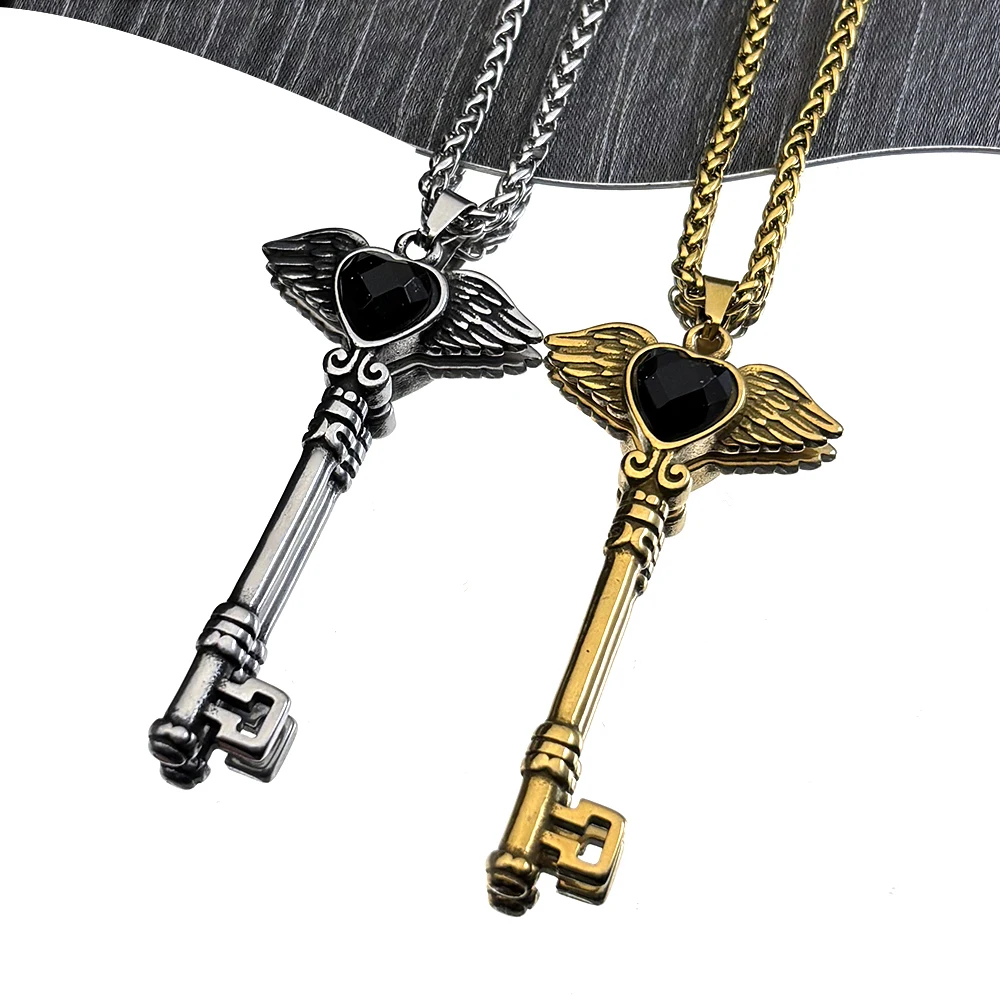 

Vintage Stainless Steel Key Shape Black Glass Heart Angle Wings Pendant Necklace for Women Men Gold Color Chain Jewelry Gifts