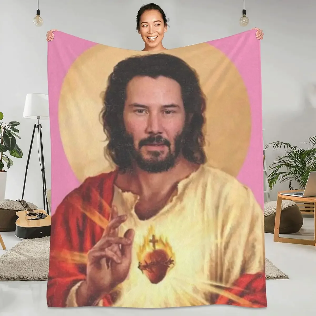 Keanu Reeves Flannel Blanket Funny Jesus Warm Soft Throw Blanket for Couch Chair Sofa Bed Camping Funny Bedspread Sofa Bed Cover