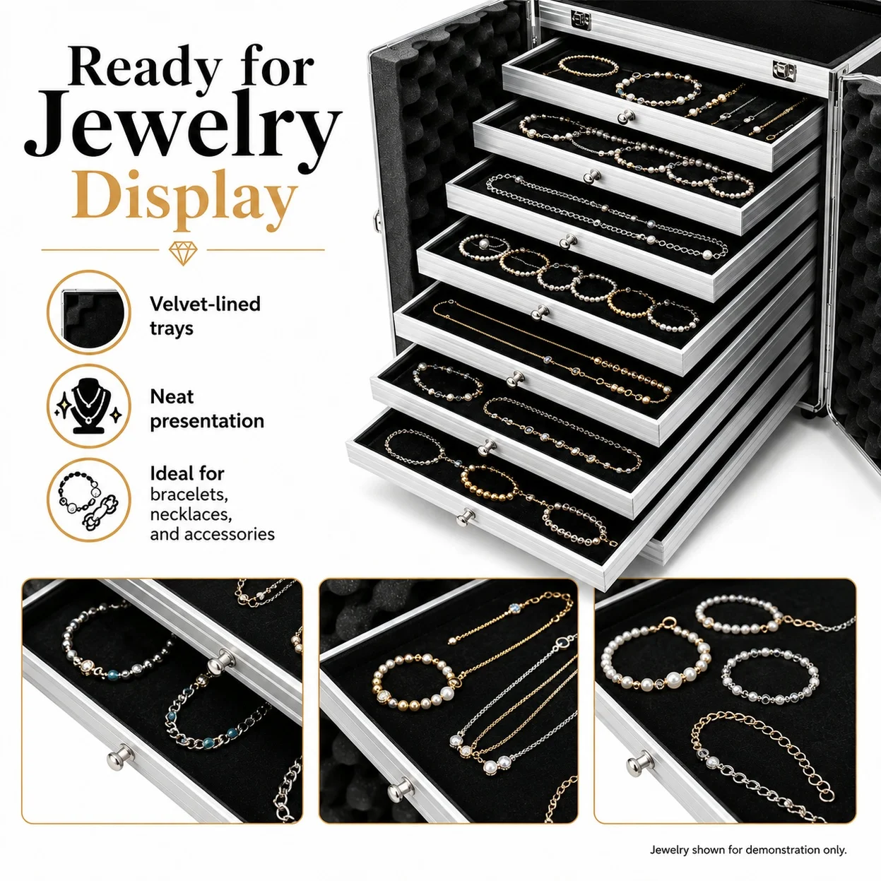 Rolling Jewelry Case Trolley Organizer with Drawers & Lockable Metal Clasps - 360 Swivel Wheels - Black