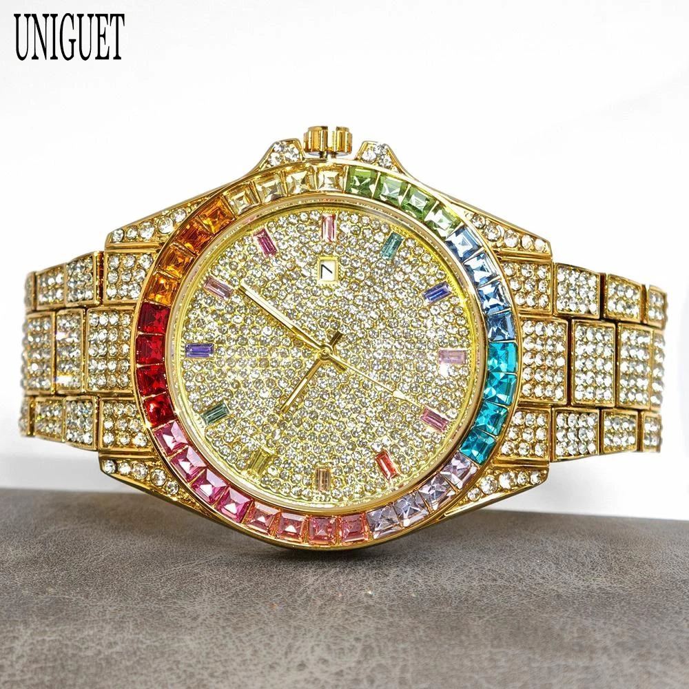 

Fashion Brand UNIGUET Iced Out Watches Men Luxury Gold Quartz Clock Hip Hop Rainbow Diamond Wrist Watch Male Dropshipping