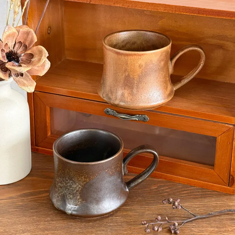 Japanese Wabi-Sabi Kiln-Change Rough Ceramic Mug, Vintage Hand-Thrown Ceramic Coffee Cup, Household Latte & Tea Cup
