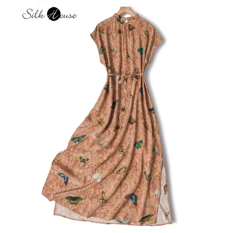 

Women's Summer Casual New 100%Natural Mulberry Silk 03 Crepe De Chine Butterfly Digital Printed Stand Up Neck Short Sleeve Dress