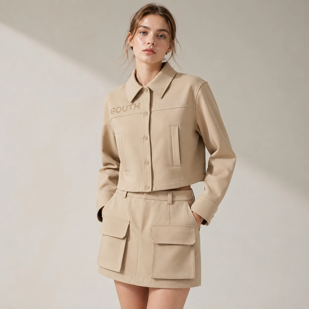 Modern Korean Style Women's Color Block Set Long Sleeve Jacket + Mini Skirt Loose Fit Oversize Silhouette Premium Cotton Span Ma