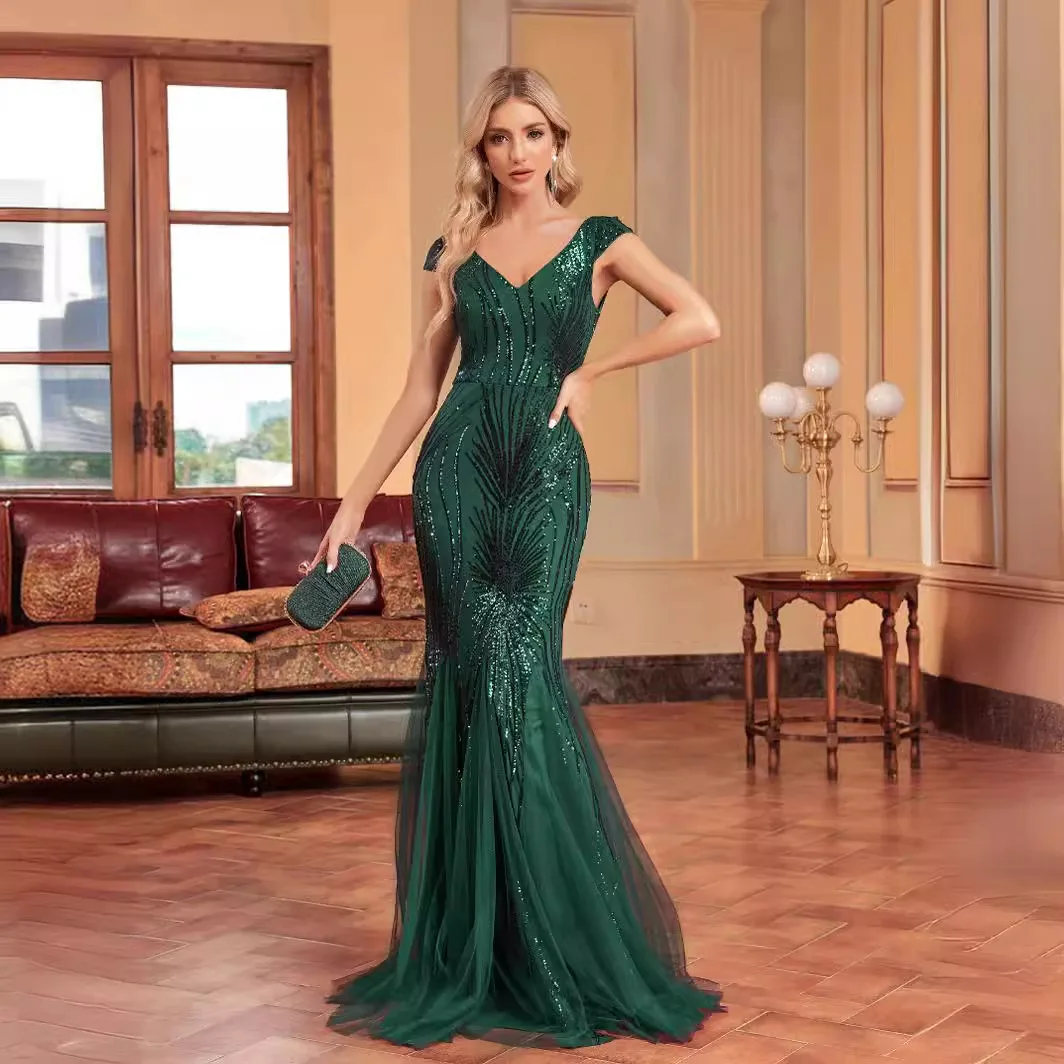 Novo Sle Slim Fit Fi Tail Bead Dr Long Maids of Banquet Vestido de noite feminino Par Dr Azul redondo Ne Sintético...