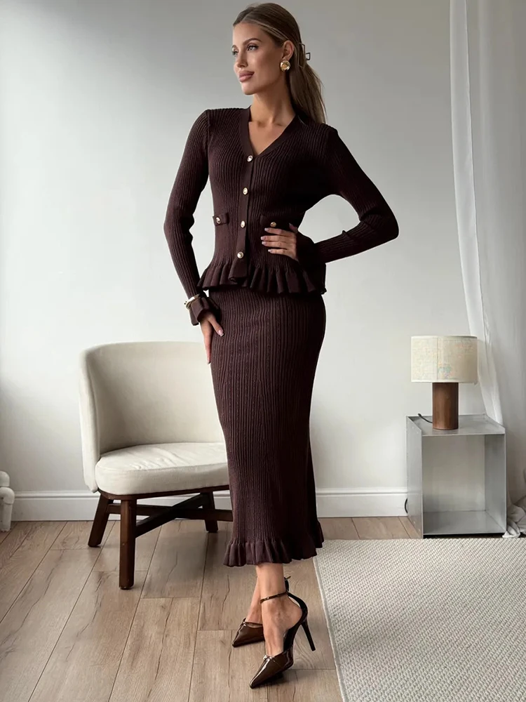 Elegant Women's Knit Dress Set with Ruffled Cardigan & Skirt