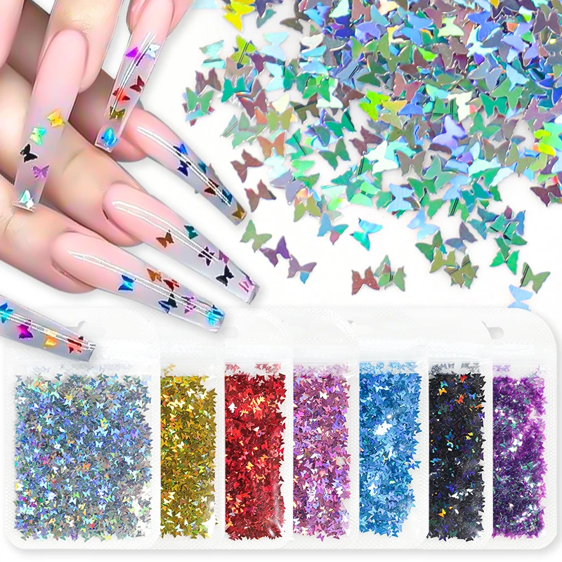 Holographic Laser Butterfly Nail Sticker Nails Art Glitter Colorful Sequins Decorations 3D Sparkly Flakes Manicure DIY Supplies