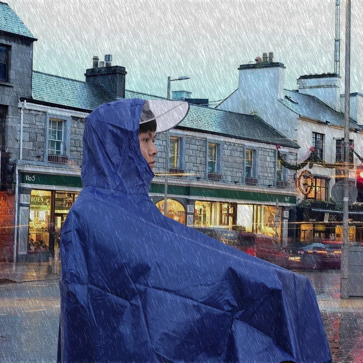 Reflective Bike Raincoat Blue Unisex Large Hat Brim Oxford Fabric Reinforced Neck Button Windproof Rain Cape for Cycling