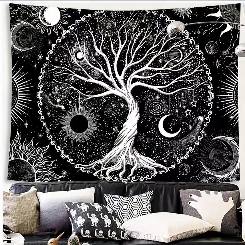 A Set Of Black Bohemian Style Tree Of Life Sun And Moon Elements Beautiful Psychedelic Background Decoration Tapestry