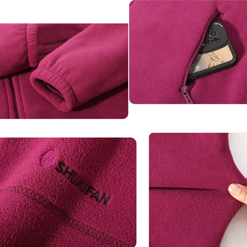 Women Thickened Fleece Winter Jacket Embroidery Zipper Thermal Plush Polar Fleece High Collar Cardigan Coats Outdoor Sweatshirt