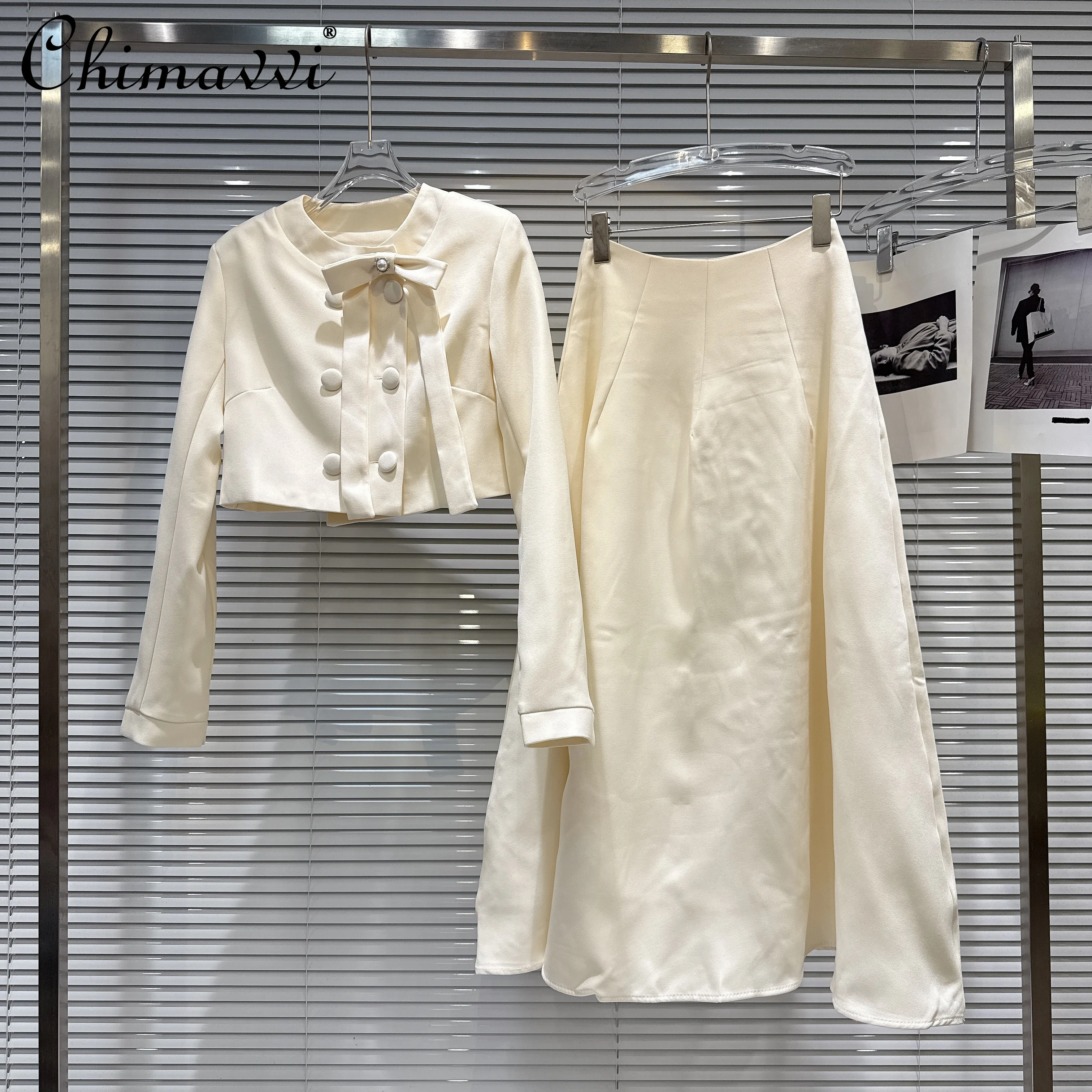 

French Fashion Elegant Socialite Bow Double-Breasted Short Jackets High-Waisted Slim A-Line Long Skirts Two-Piece Set for Women