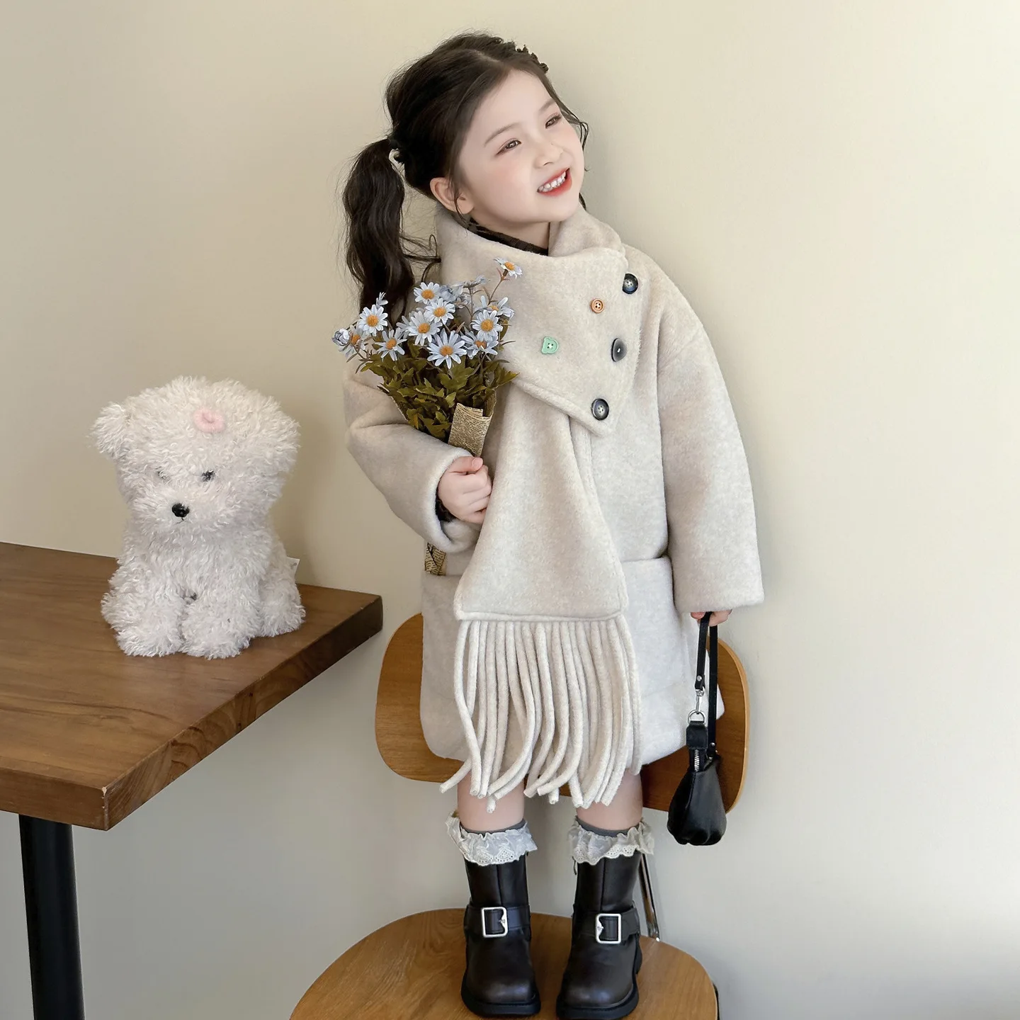 الشتاء الكورية الأطفال فتاة خندق معطف وشاح ملون زر طفل رضيع فتاة معطف رمادي الرضع بابيس الفتيات ملابس خارجية سترة