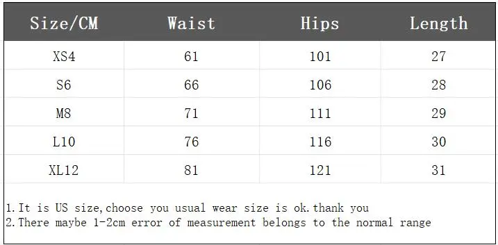 XS4 S6 M8 L10 XL12 Women High waist Short summer shorts for girls