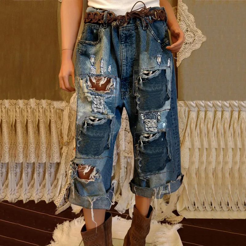 

Street Trend Washed Ripped Straight Leg Jeans, Western Retro Fashion Fringe Eight Split Jeans for Women in Europe and America