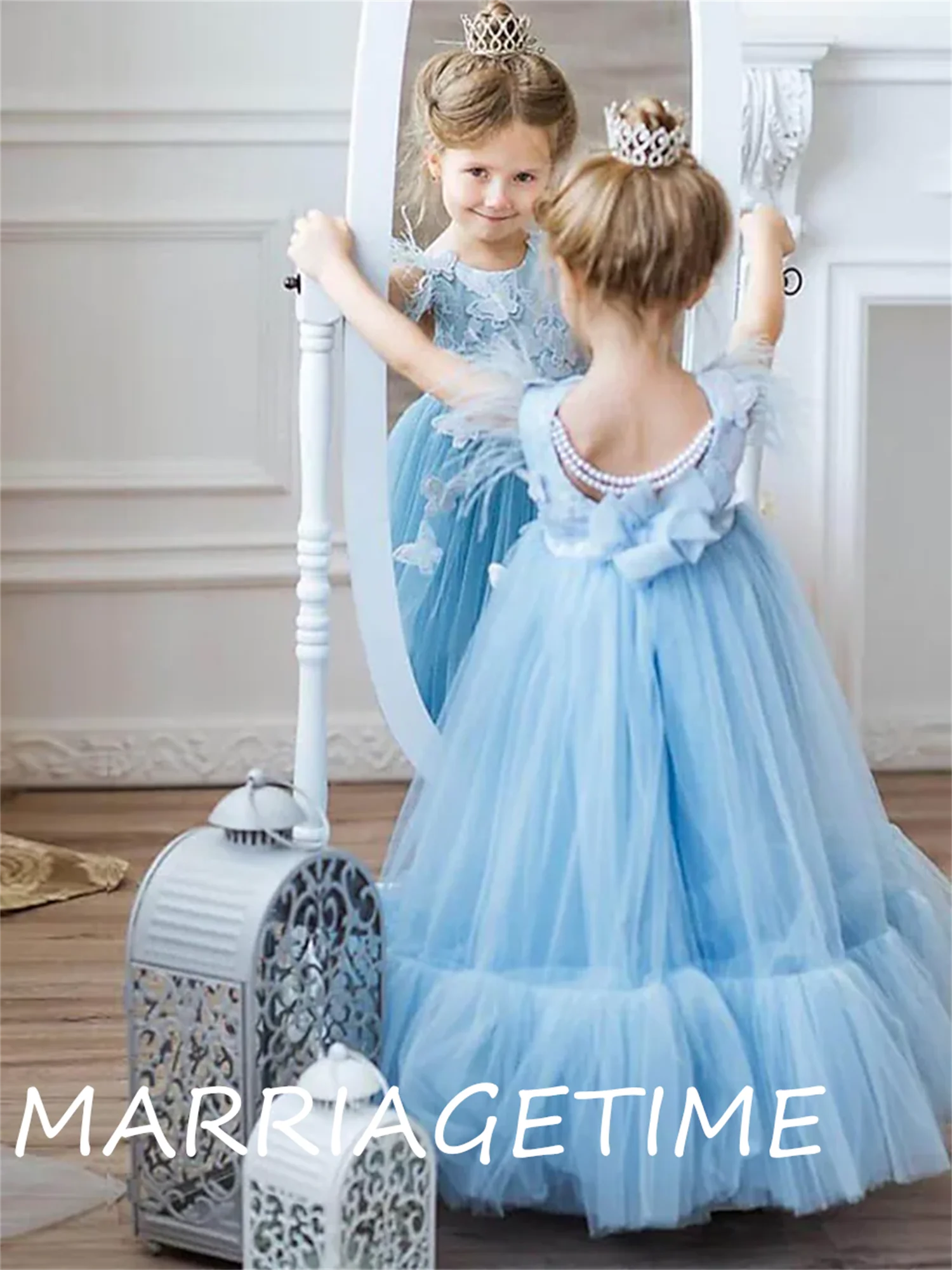 

Blue O-Neck A-Line Flower Girl Dresses 2022 Tulle Appliques Feathers Vestidos De Novia For Kids Ball Gown Children Party Dress