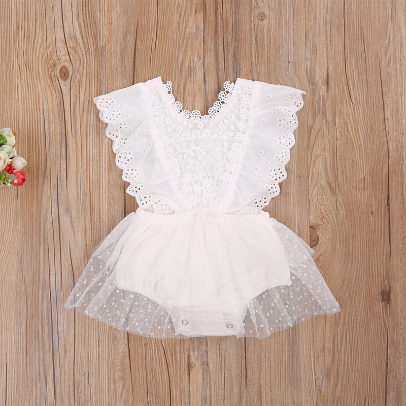 Summer Newborn Baby Girl Clothes Sleeveless Solid Color White Lace Flower Ruffle Romper Jumpsuit Outfit Sunsuit