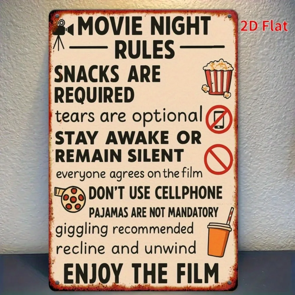 1pc Nautical Style Movie Night Rules 2D Flat Aluminum Hanging Wall Metal Sign Popcorn Snack Recline Keep Quiet Home Decor