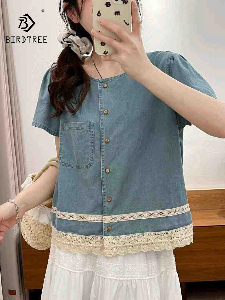 

New 2026 Summer Women Denim Short Sleeve Shirt, O Neck Lace Patchwork, Mori Girl Fashion Casual Thin Loose Blouse T64125CC