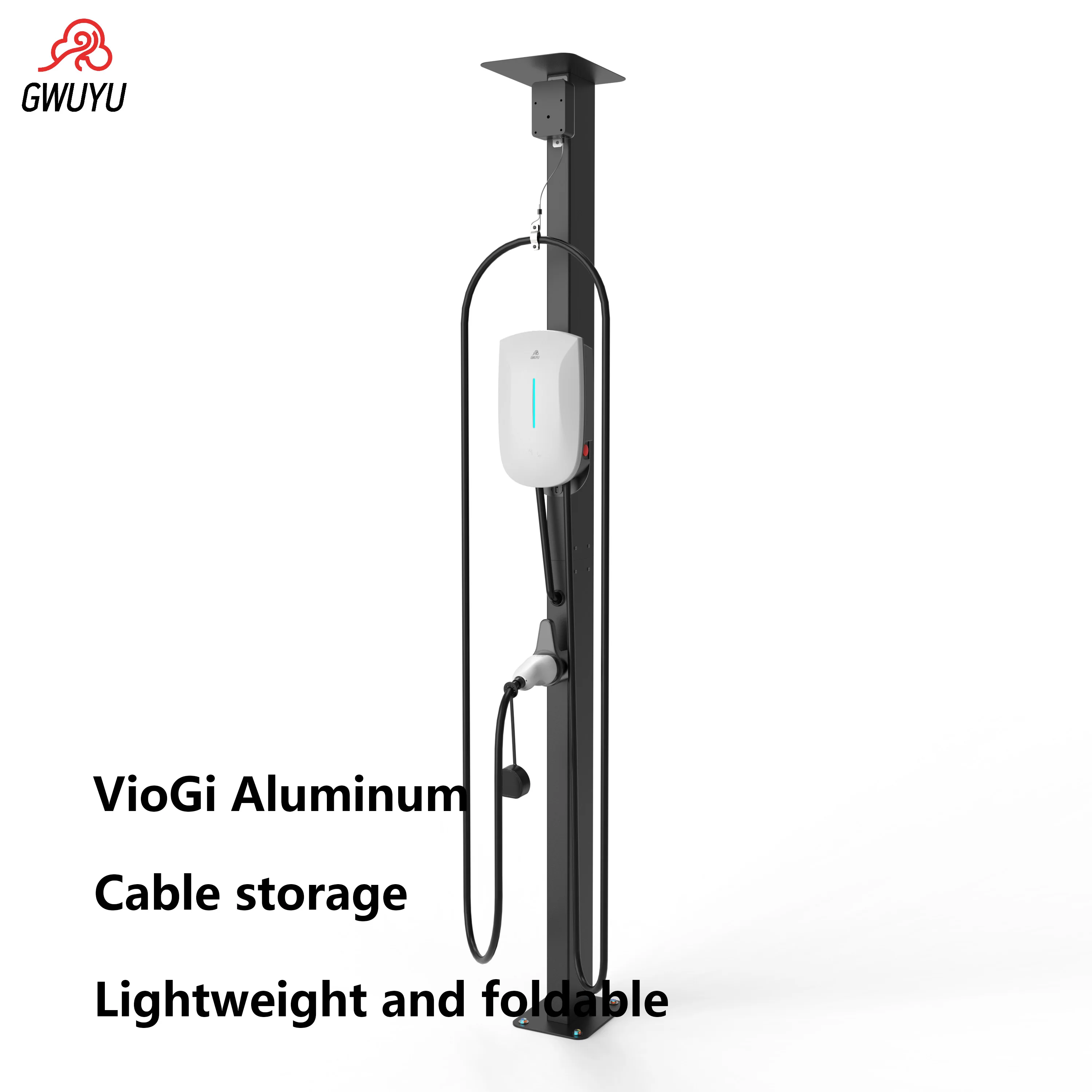 GWUYU Foldable Aluminum EV Charger Pedestal Stand with Cable Storage - Lightweight Outdoor Mounting Pole for /Type 2 Wallbox