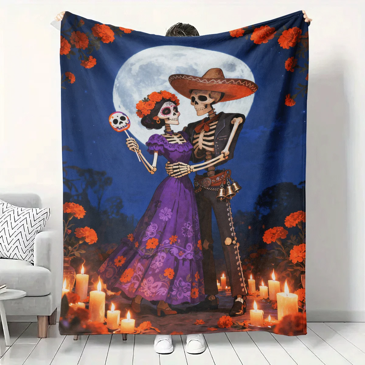 

A Mexican Day of the Dead Skeleton Couple Moonnight Blanket with Festival Atmosphere Home Warmth Decoration Blanket