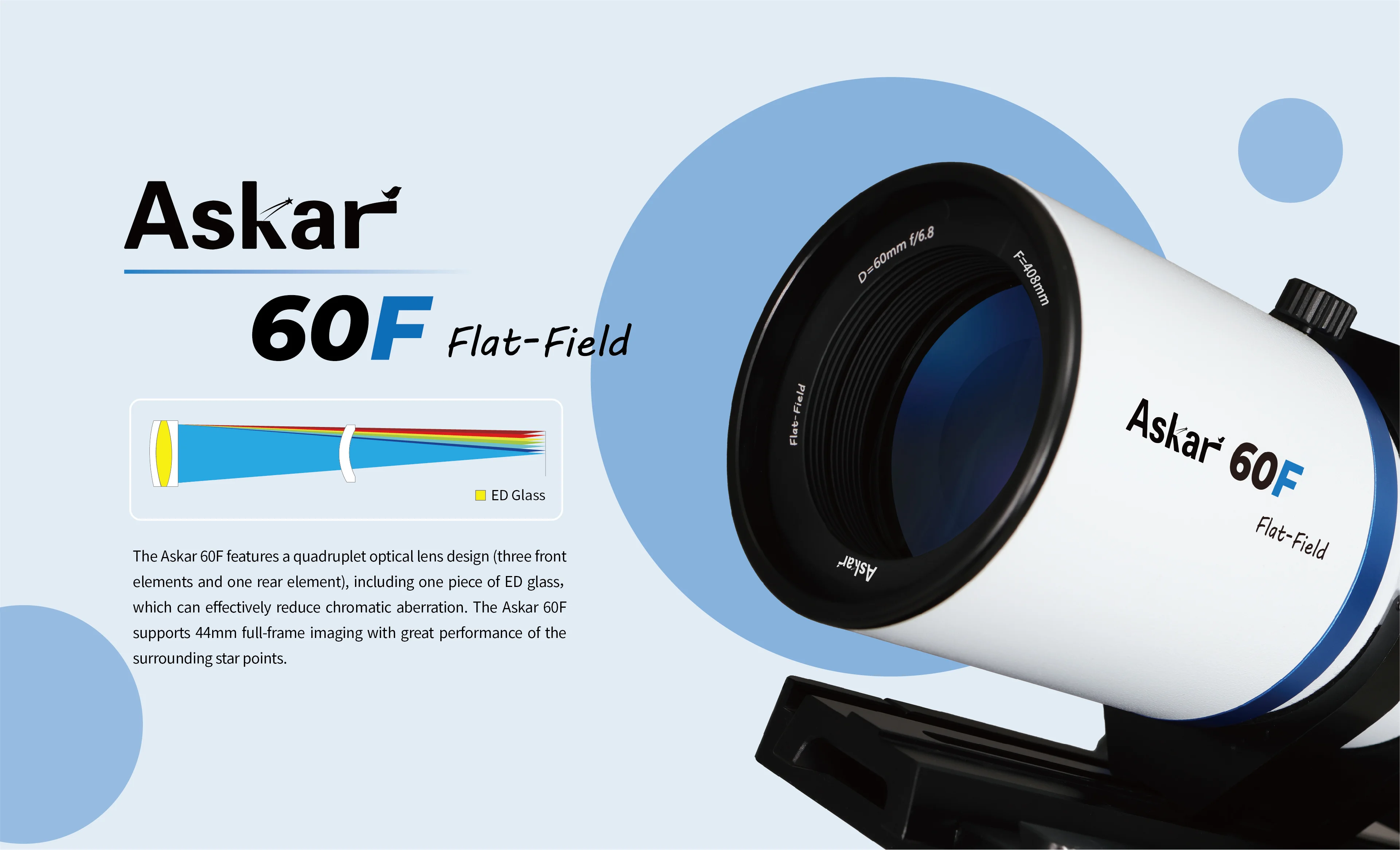 

Астрографический телескоп Askar 60F с плоским полем, компактный, ультрапортативный, мощный, с четырехлинзовым системой и функцией самовыравнивания
