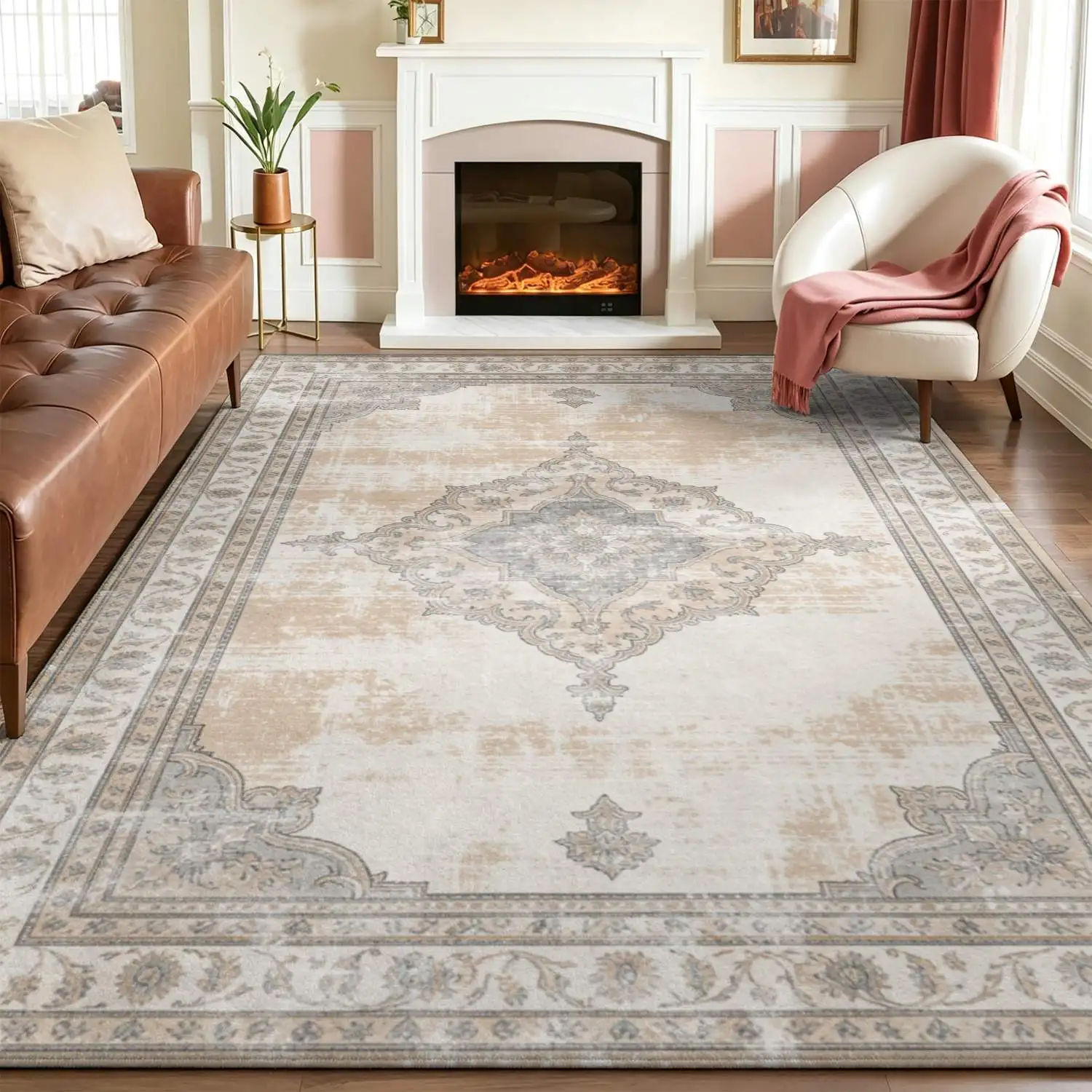 1Pc 2D Printed Retro Geometric Carpet, Beige-White-Blue-Grey, European Style, Machine Washable, Multi-Size, for Entrance, Living Room, Bedroom, Dining Room & Foyer, Home Decor
