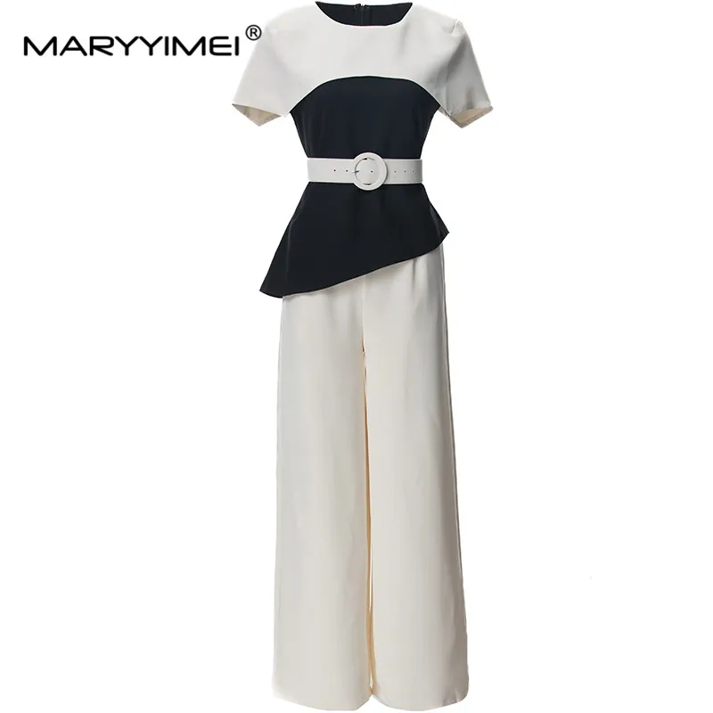 

MARYYIMEI Fashion Design Spring Summer women's Cloak Sleeves Splicing Asymmetrical Sashes Tops+Wide Leg Pants 2 Piece Set