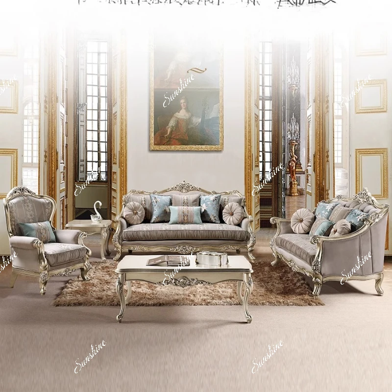 French fabric sofa 123 combination, retro living room luxury high-end villa all solid wood furniture  FT