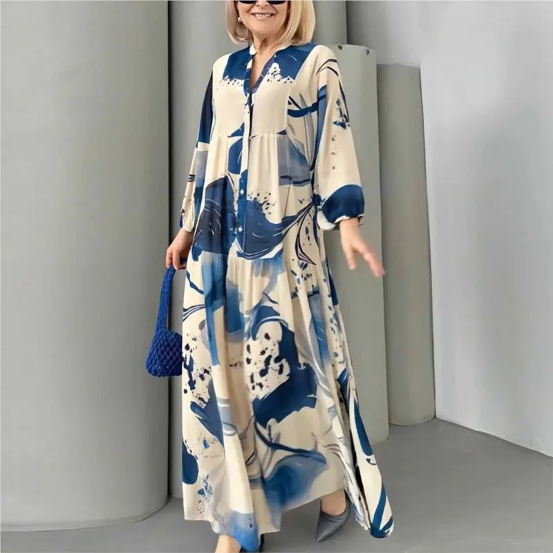 

Printed Single Breasted Long Sleeved Dress New Casual Autumn Winter Casual Loose V-neck Big Swing Long Frock Vestidos Para Mujer