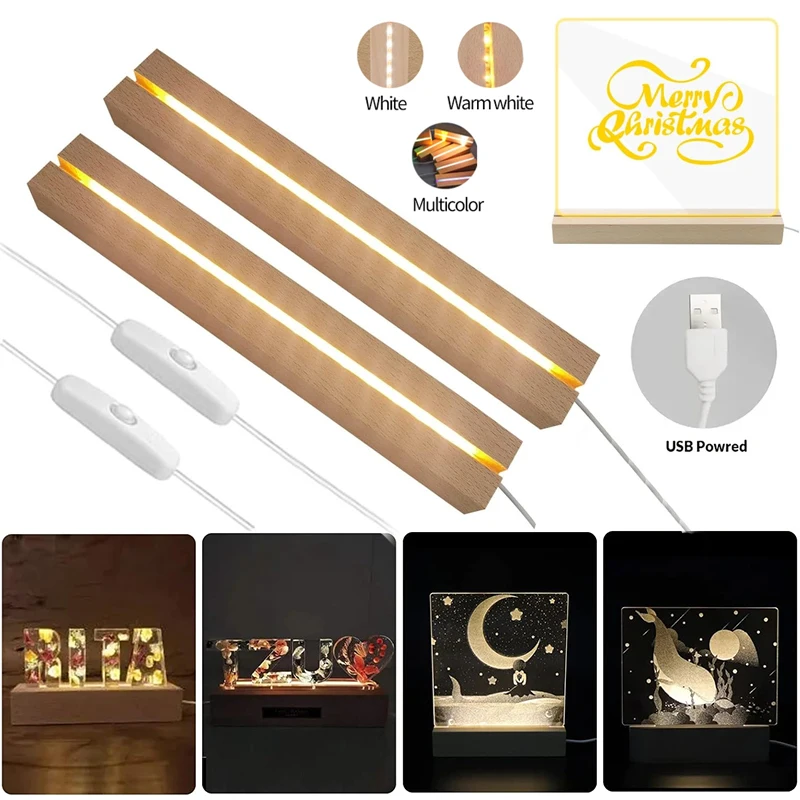 1-2 قطعة LED ضوء الخشب عرض مستطيلة كريستال خشبية مضاءة قاعدة حامل أضواء الاكريليك لوحة قاعدة USB للديكور الفني الراتنج