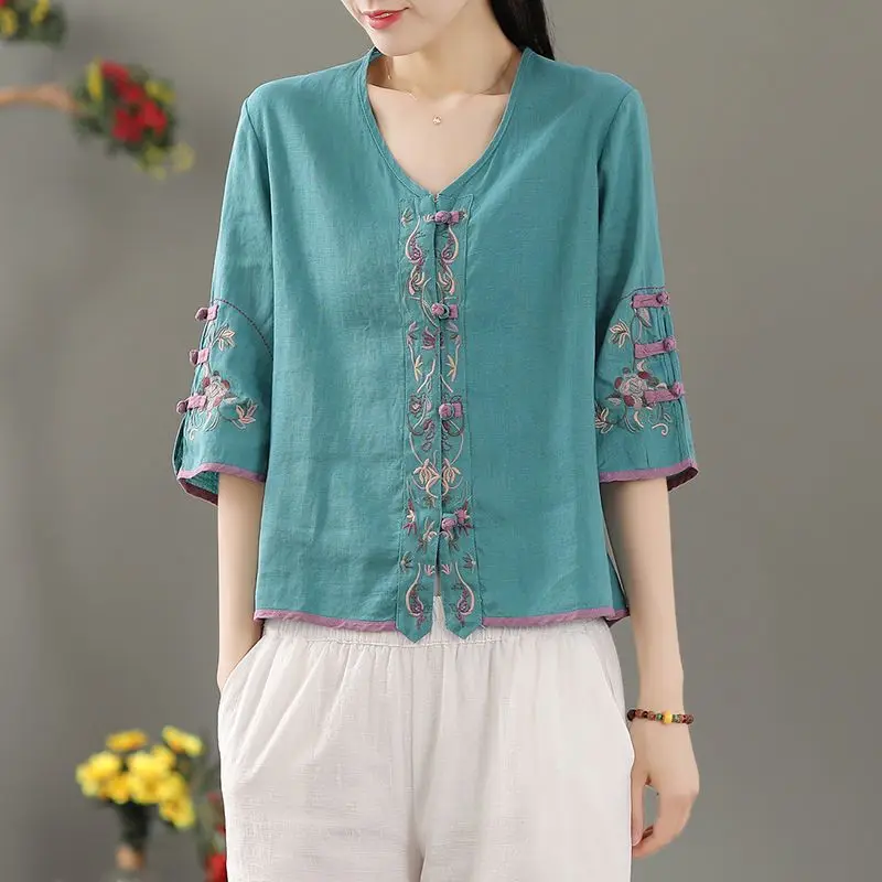

Retro Ethnic Style Patch Embroidery 3/4 Sleeve Blouse Women 2025 Summer Loose Thin V-Neck Cardigan Top