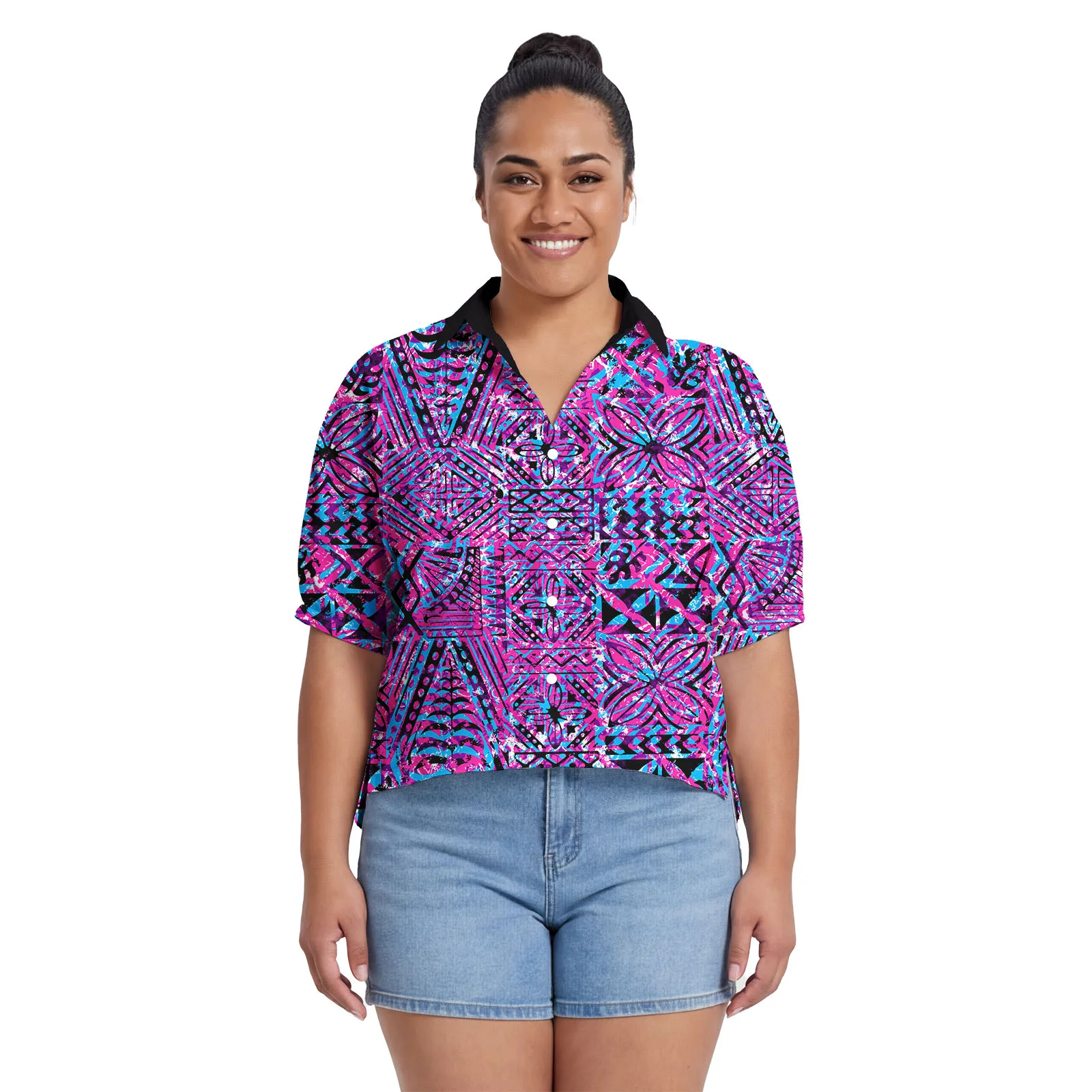 Spring Summer New Fashion Clothes Custom Hawaiian Ladies Pocket Shirt Polynesian Turn-down Collar Tops Samoan Blouses for Women