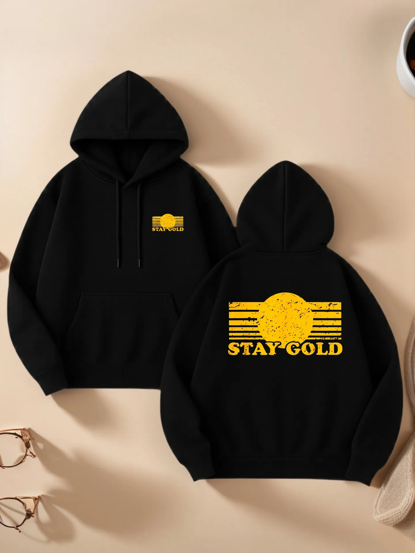 

Graphic Hoodie Women, Stay - Gold Print, Vintage Aesthetic, Cotton Blend, Casual Everyday Wear, For Young Men