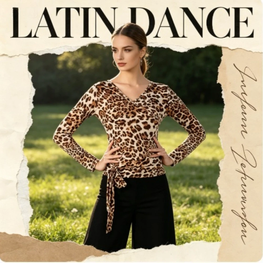 

Leopard Print Strap Long Sleeve Latin Dance Top,Ballroom Dance Costume for Women,Suitable for Samba,Rumba and Bullfighting Dance
