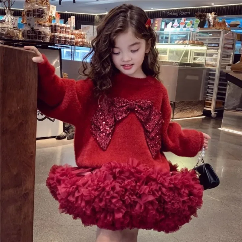 2025 New Winter Girls' Oversized Faux Mink Sweater Chinese Red Crewneck Knit Top