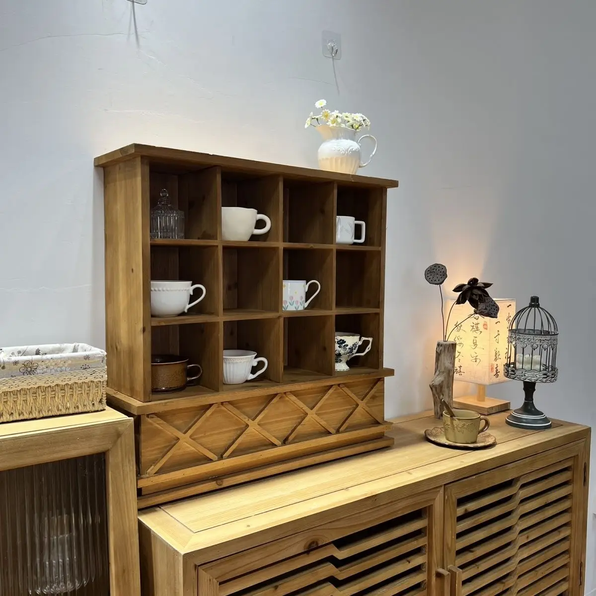 American Home Retro Solid Wood Lattice Rack Water Cup Storage Shelf Display Rack Duobao Fir Desktop Cup Holder
