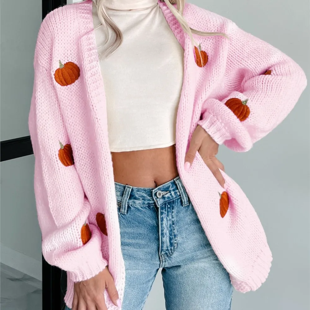 Suéter de punto tridimensional bordado de calabaza de Color sólido para mujer, cárdigan, suéter, chaqueta de manga larga, combina con todo, suelto