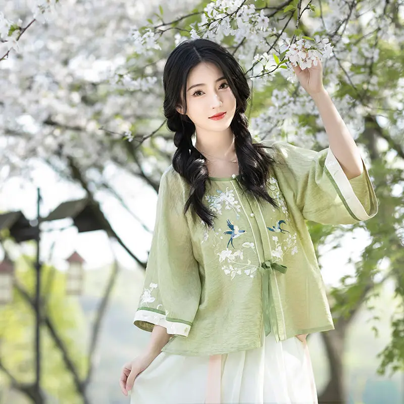 2024 Autumn Improved Chinese Style Green Embroidered Loose Long Sleeve Tang Suit Round Neck Shirt Skirt for Women Ao Dai Vietnam