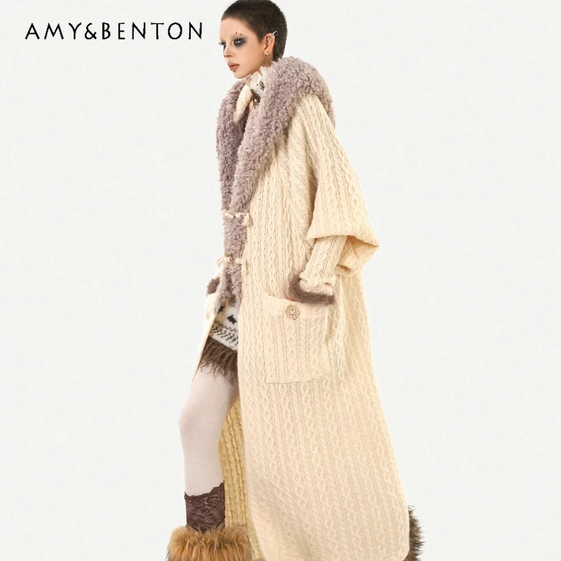 

Original Design College Hooded Mid-Length Knitted Women's Cardigan Autumn Winter Design Loose Horn Button Sweater Coat Ladies