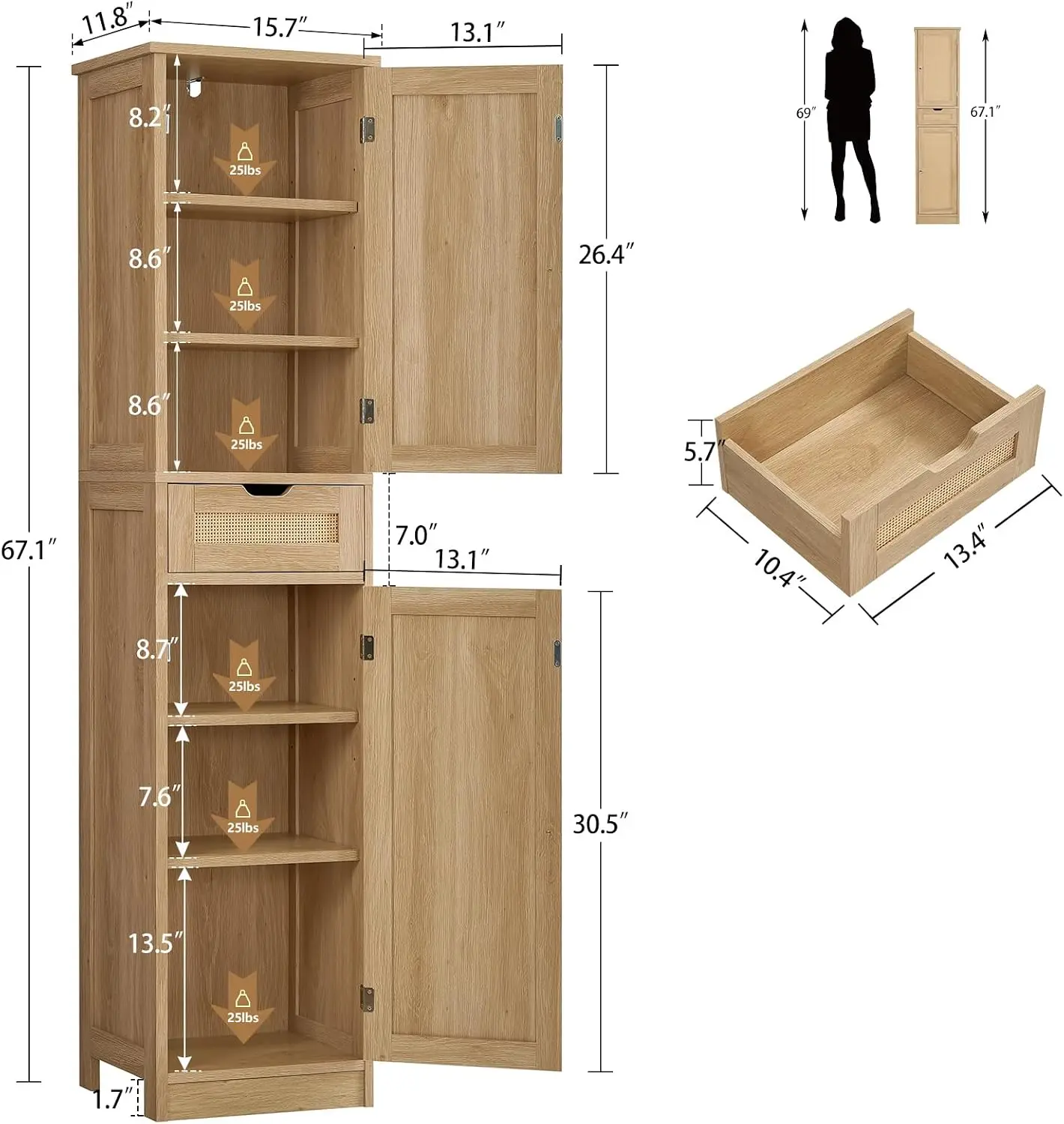 Tall Narrow Storage Cabinet With Doors, Handwoven Rattan Bathroom Cabinet With Adjustable Shelves, Freestanding Linen Storage Organizer Tower For Living Room Entryway Kitchen, Natural Wood Tone view 3