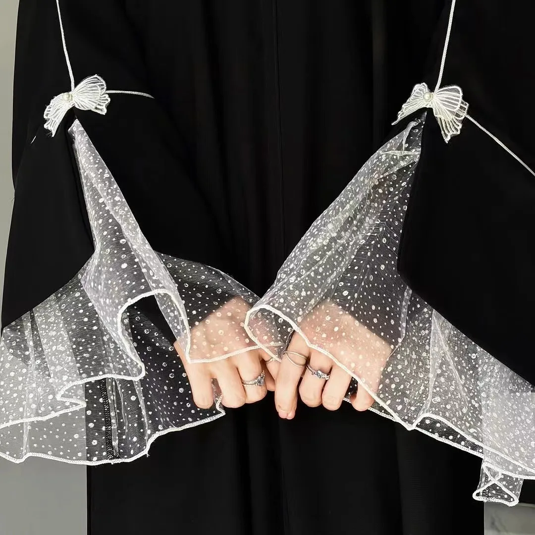 

Черная Абая для мусульманских женщин, Дубай, роскошное кружевное платье с рукавами, скромное праздничное платье, исламский наряд, турецкий кафтан, халат, Vestidos Jalabiya