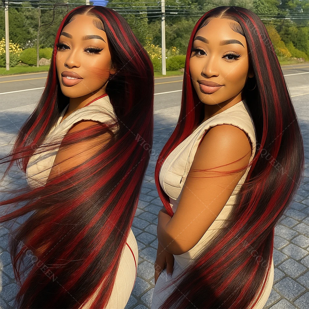 

99J Glueless Wig Ready To Wear Omber black hair with red blonde Highlight 5x5 Closure Bone Straight Wigs Human Hair Brazilian