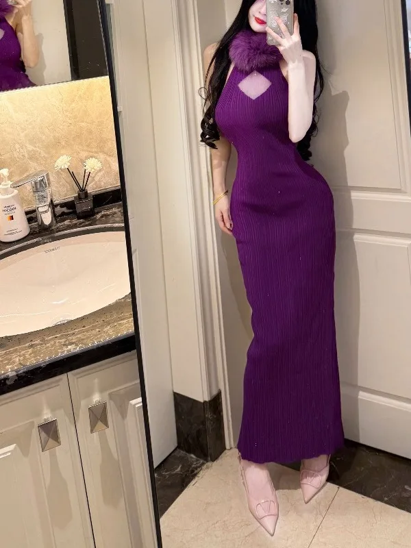 

Элегантное сексуальное вязаное платье-свитер с меховым воротником, фиолетовое, осенне-зимнее, с длинной юбкой, для женщин