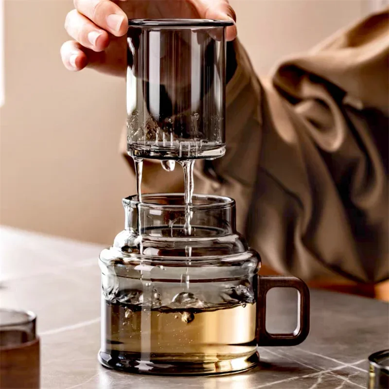 400ml Reusable Heat Resistant Glass Tea Cup with Infuser Filter and Wooden Handle Office Tea Separation Mug Flower Tea Mugs