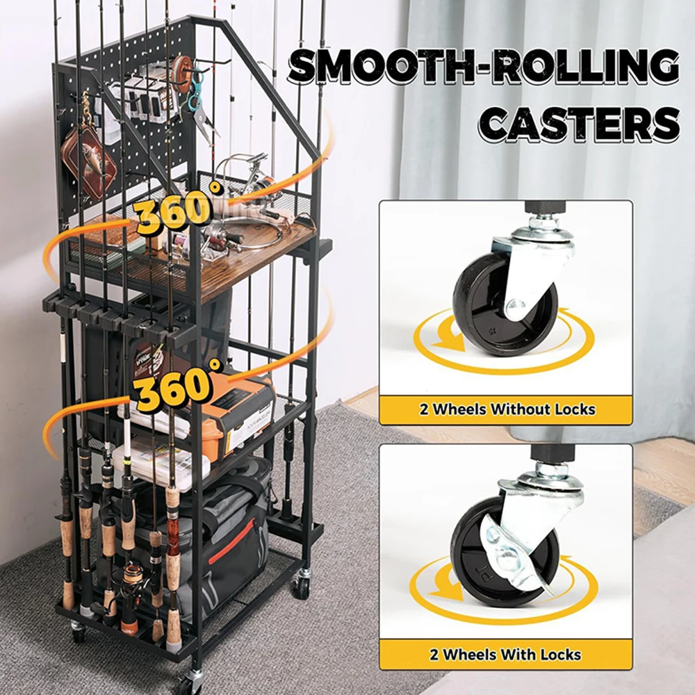 釣り竿ホルダー、釣り道具収納、釣り竿用釣り車、タックルボックスリール収納ラック