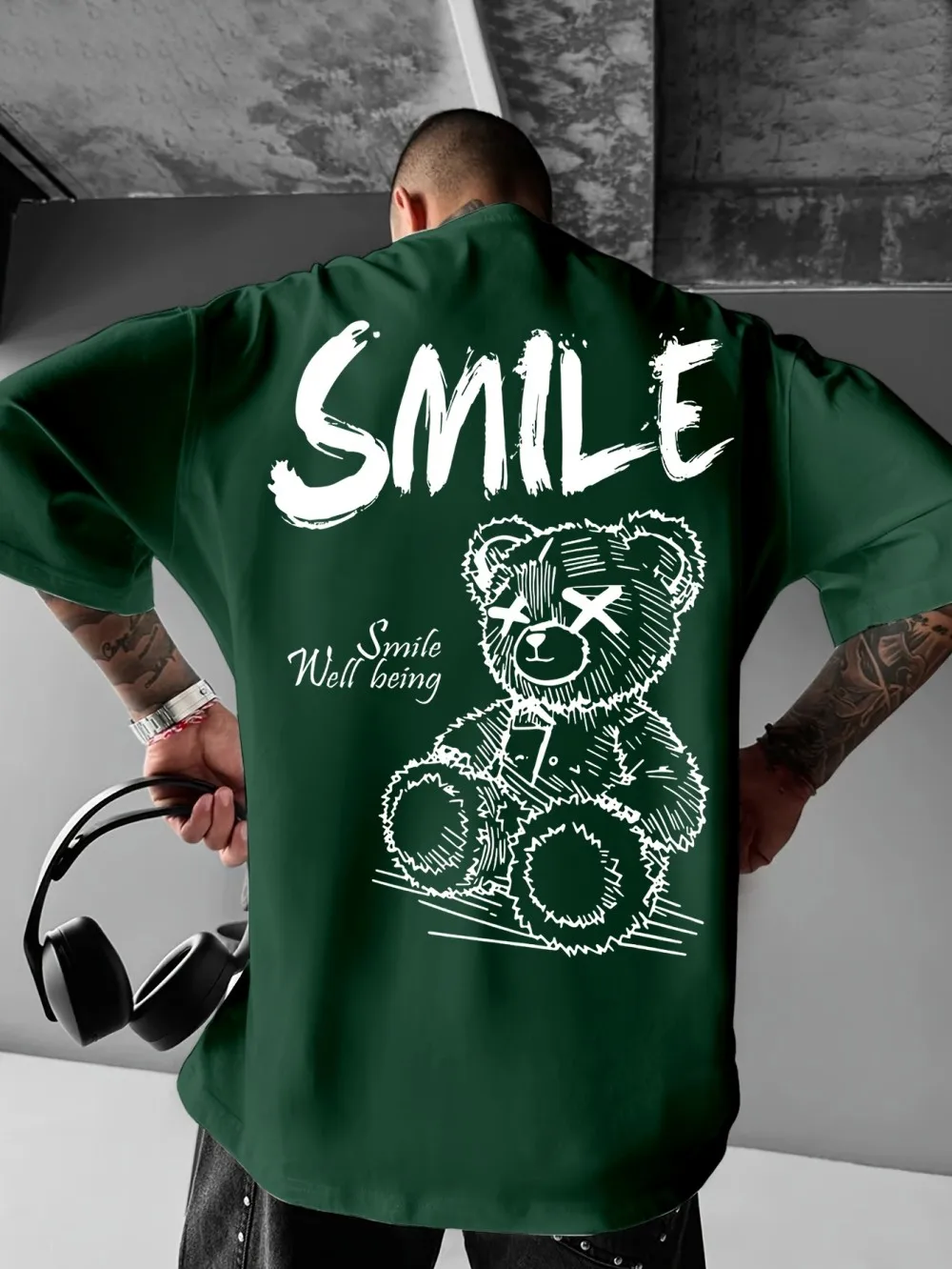 Trendy summer new men's personalized teddy bear print micro elastic comfortable breathable round neck T-shirt outdoor urban top