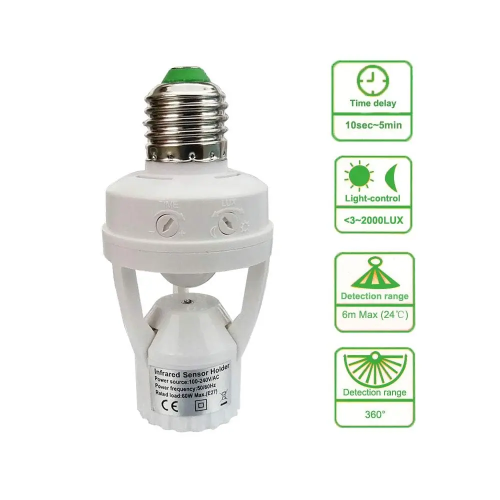 AC 100-220V Pir Induction Motion Sensor IR Infrared Human E27 Plug Socket Switch Base Led Bulb Lamp Holder