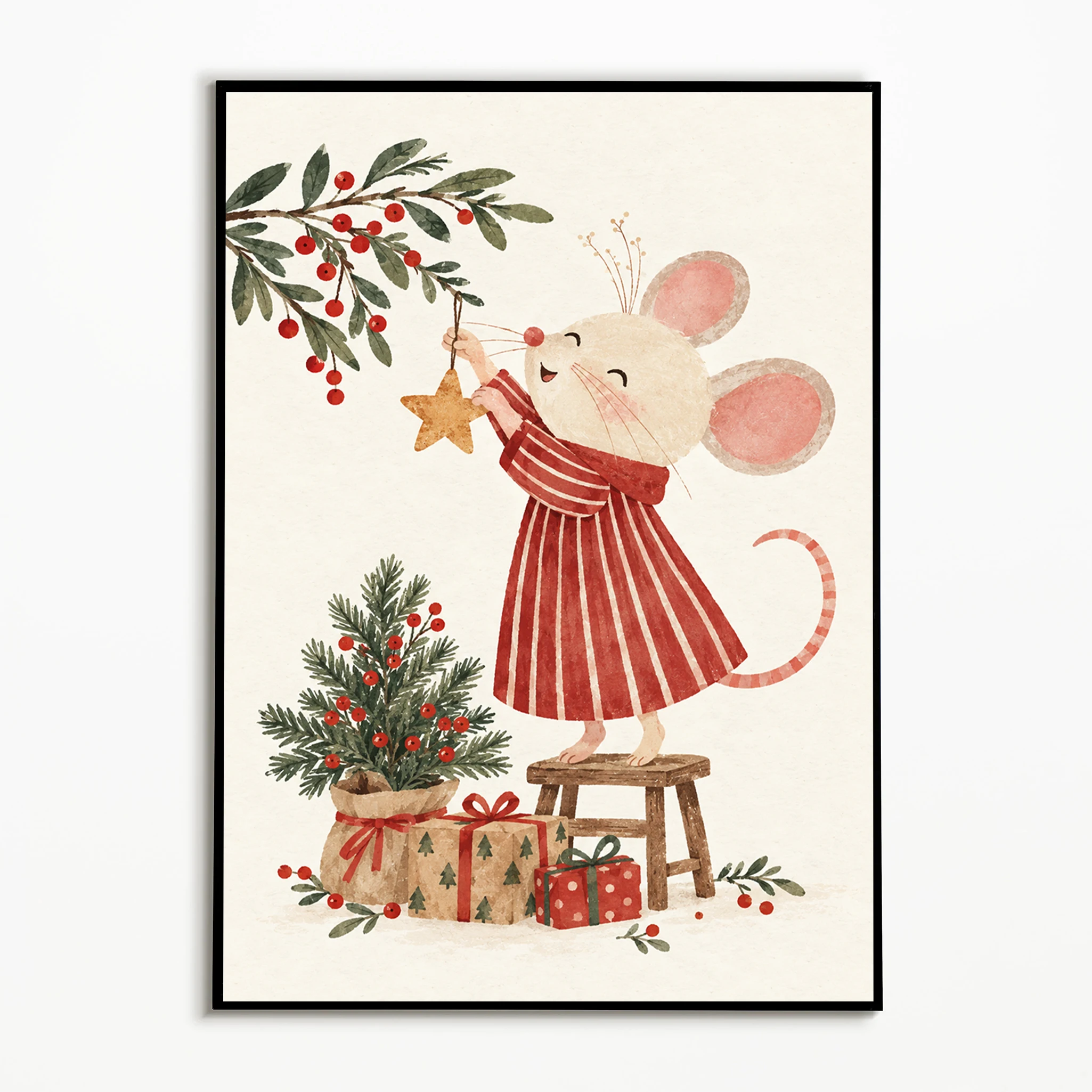 1PC,Watercolor Wall Art Cute Christmas Mouse Posters Winter Canvas Painting Home Gifts Cozy Room Wall Decor Gallery Wall Prints