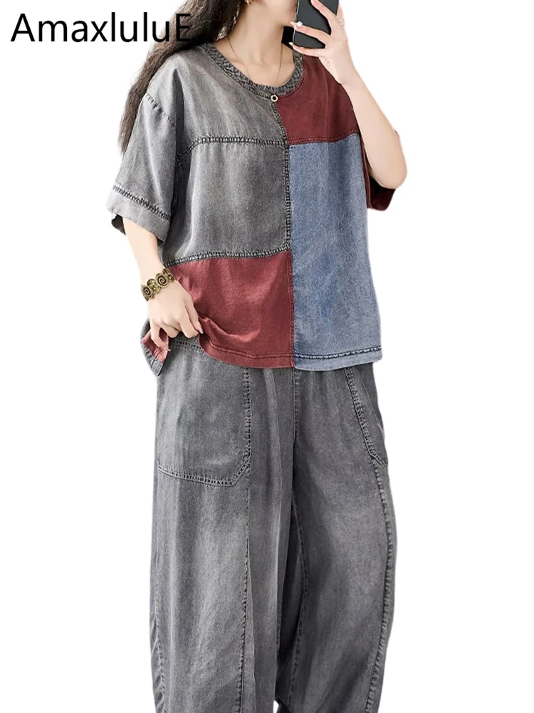

Amax LuluE Korean Summer Women Vintage 2 Pieces Sets Denim Suits Patchwork Tee Shirts Fashion Jeans Causal Pants Loose Outfits