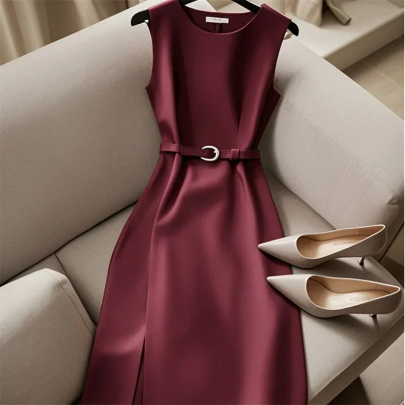 New French Luxury Summer Dress Women Elegant Sleeveless High Waist Satin Formal Dress Fashion Party Vestidos with Belt High End